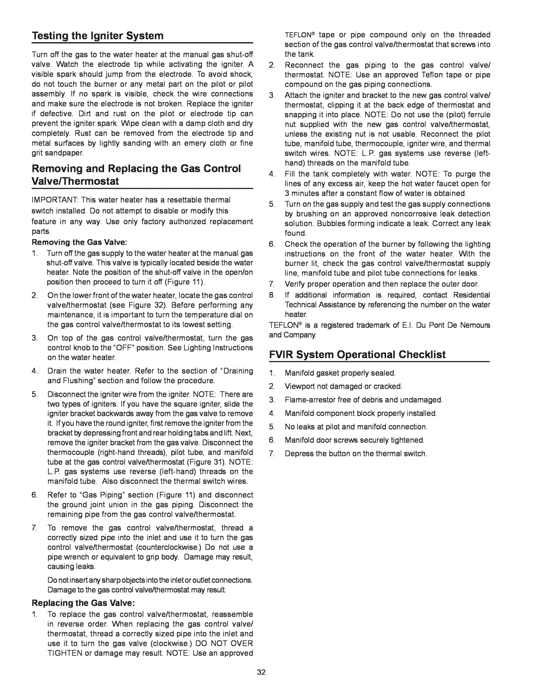 Kenmore 153.339473, 153.339572 Testing the Igniter System, FVIR System Operational Checklist, Replacing the Gas Valve 