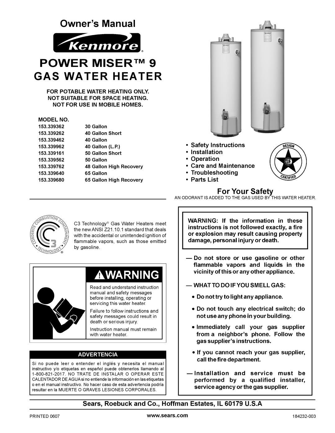 Kenmore 153.339562 owner manual Power Miser 9 GAS Water Heater, Sears, Roebuck and Co., Hoffman Estates, IL 60179 U.S.A 