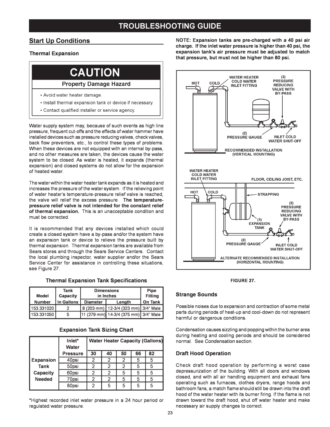 Kenmore 153.339161 Troubleshooting Guide, Thermal Expansion Tank Specifications, Expansion Tank Sizing Chart, Inlet 