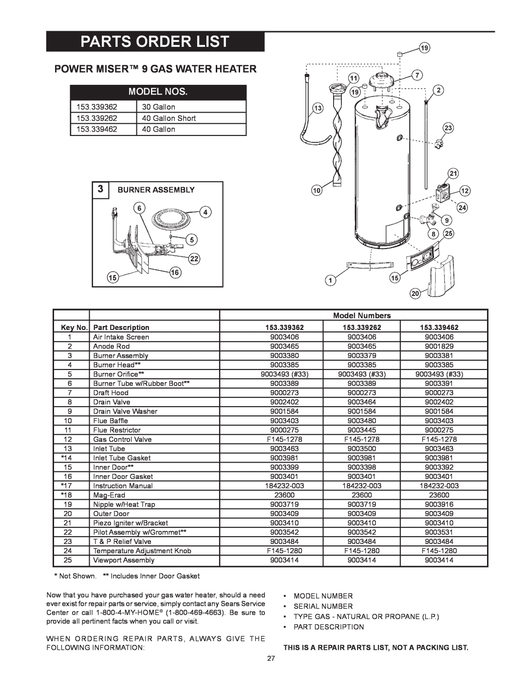 Kenmore 153.33968, 153.339562 Parts Order List, POWER MISER 9 GAS WATER HEATER, Model Nos, Burner Assembly, Model Numbers 