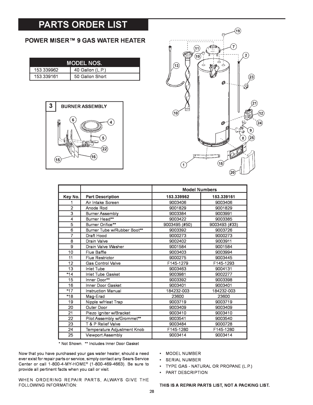 Kenmore 153.339562 Parts Order List, Model Nos, 153.339962, Gallon L.P, 153.339161, Gallon Short, 3BURNER ASSEMBLY 
