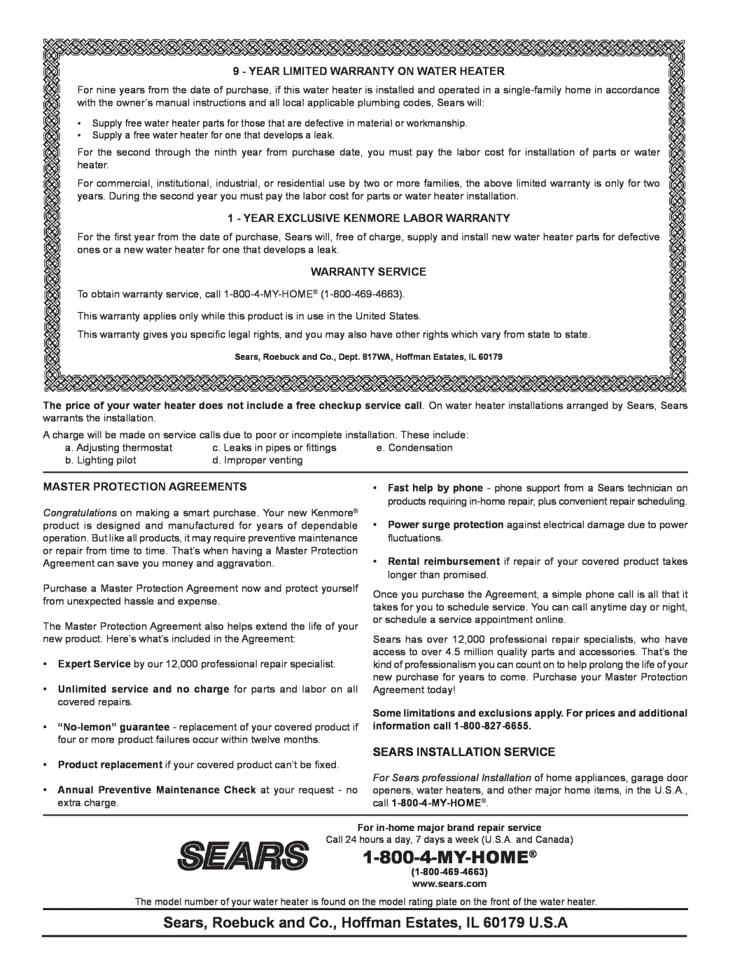 Kenmore 153.339161, 153.33968 Sears Installation Service, Year Limited Warranty On Water Heater, Warranty Service 