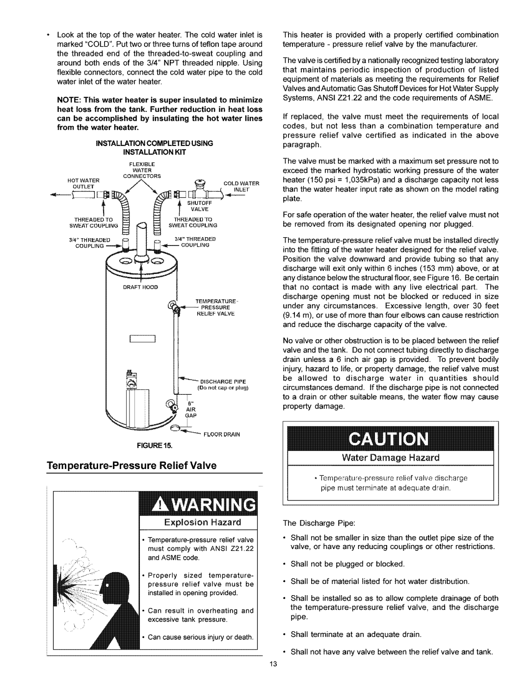 Kenmore 153.339511 HA, 153.33996, 153.33956, 153.33976, 153.33926 Temperature-Pressure Relief Valve, Water Damage Hazard 