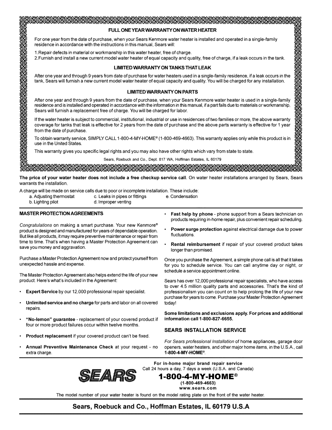 Kenmore 153.33946 Full ONE Year Warranty on Water Heater, Limited Warranty on Tanks That Leak, Limited Warranty on Parts 