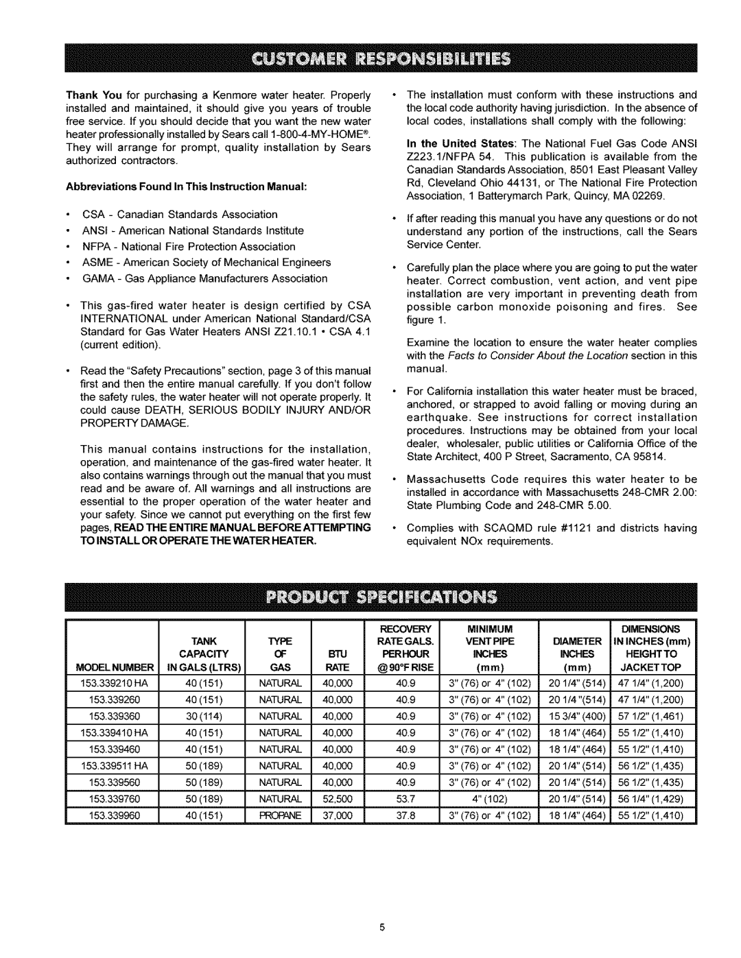 Kenmore 153.33946 Recovery, Dimensions, Type Rategals, Diameter, BDJ Perhour Inches Heightto, GAS Rate, Jacket TOP 