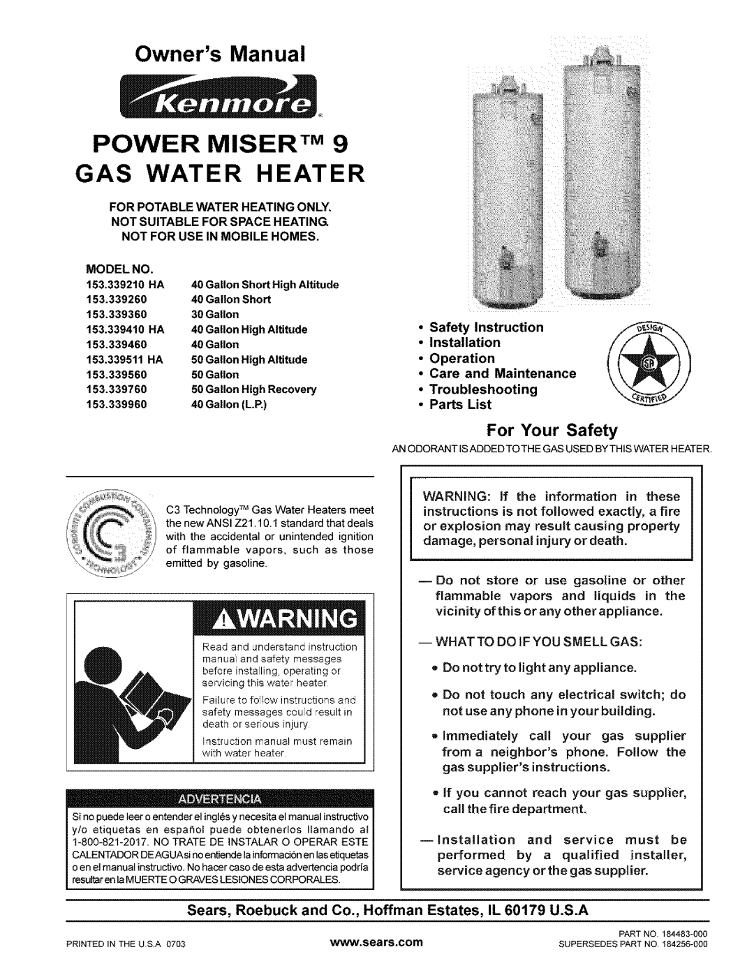 Kenmore 153.33956 owner manual l i i!ii!i, POWER MISER TM9 GAS WATER HEATER, For Your Safety, Not For Use In Mobile Homes 