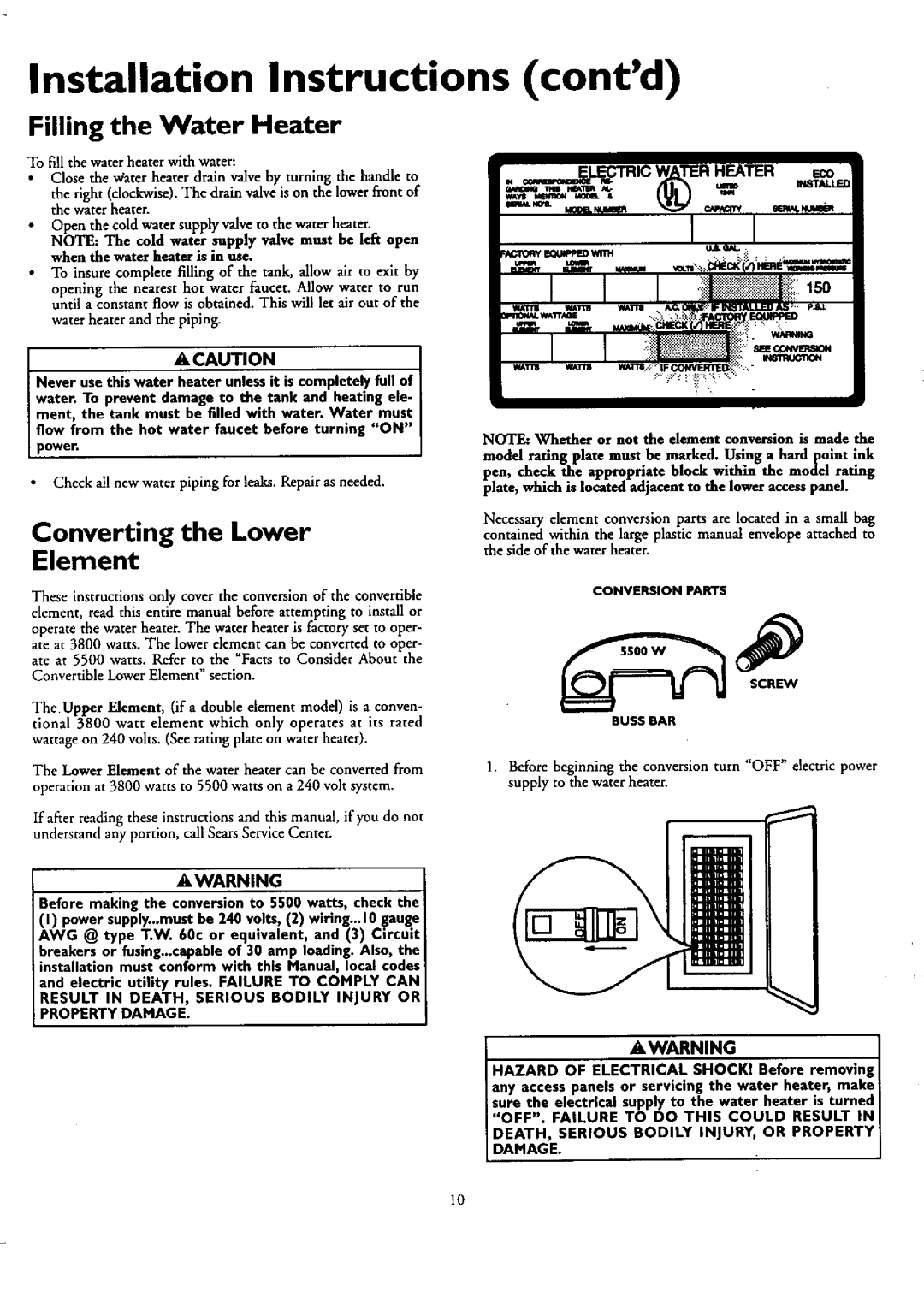 Kenmore 153.37.0391HT 30 GAL Installation Instructions contd, Filling the Water Heater, Converting the Lower Element 