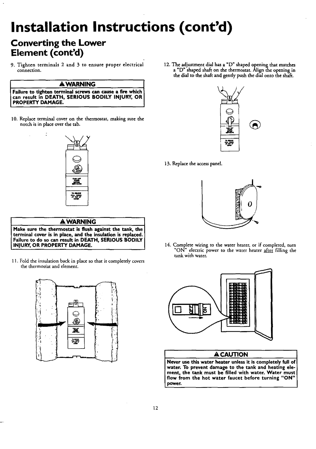 Kenmore 153.320590 HT 50 GAL Installation Instructions contd, Converting the Lower Element contd, Awarning, A Caution 