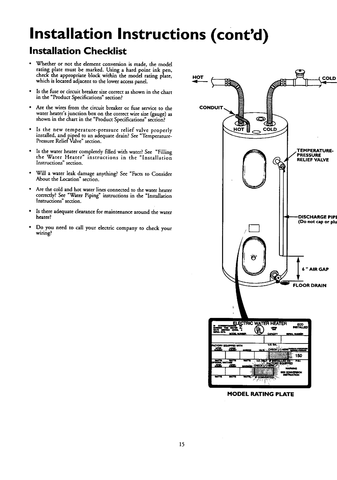 Kenmore 153.320890 HT 82 GAL owner manual Installation Instructions contd, Installation Checklist, Model Rating Plate 