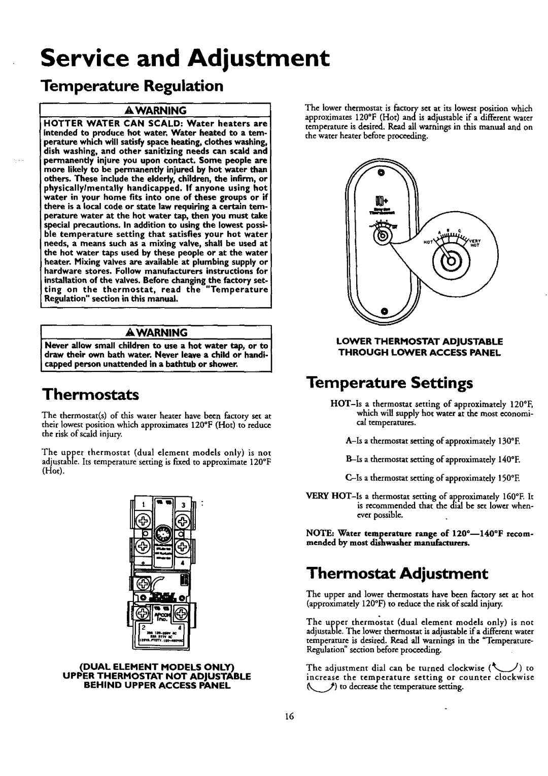 Kenmore 153.320390 HT 30 GAL Service and Adjustment, Thermostats, Temperature Settings, Thermostat Adjustment, Awarning 