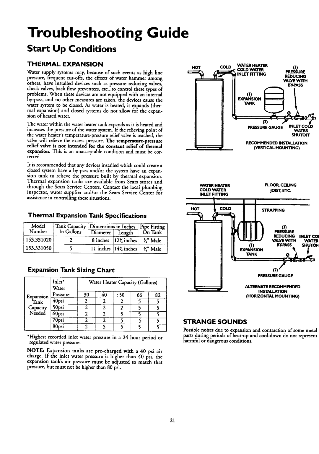 Kenmore 153.320891 HT 82 GAL Troubleshooting Guide, Start Up Conditions, Thermal Expansion Tank Specifications, Sizing 