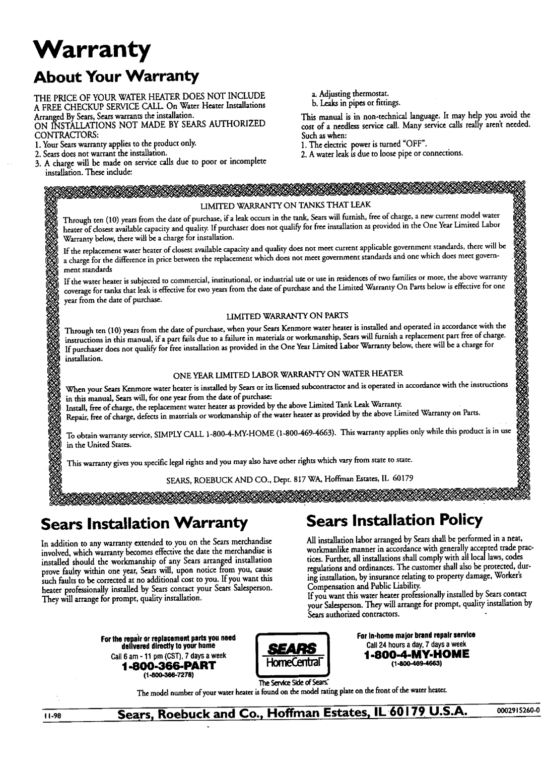Kenmore 153.320591 HT 50 GAL Sears Installation Warranty, About Your Warranty, Sears Installation Policy, 000291526 