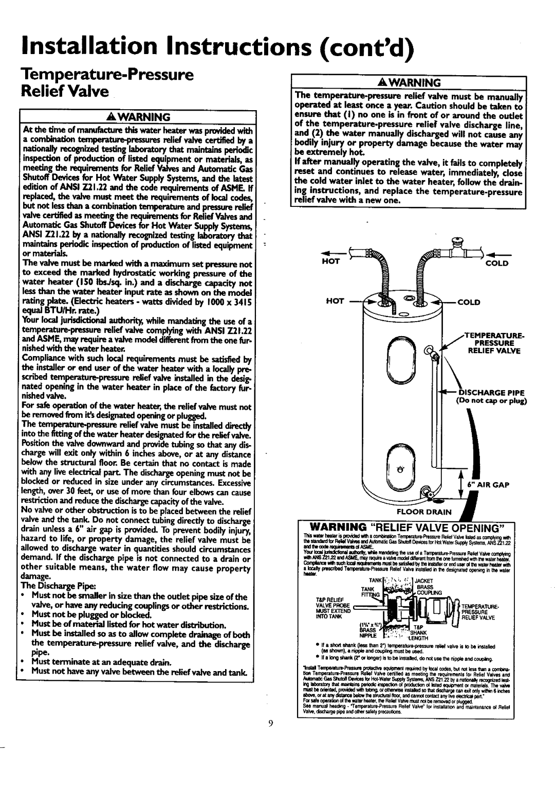 Kenmore 153.320490 HT 40 GAL owner manual Installation Instructions, contd, Temperature-Pressure Relief Valve, Awarning 