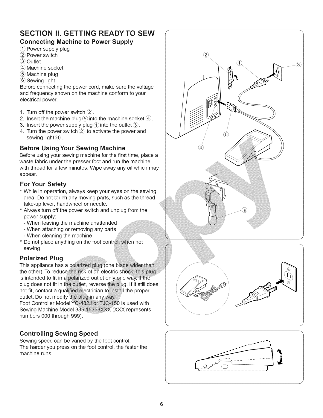 Kenmore 15358 Connecting Machine to Power Supply, Before Using Your Sewing Machine, For Your Safety, Polarized Plug 