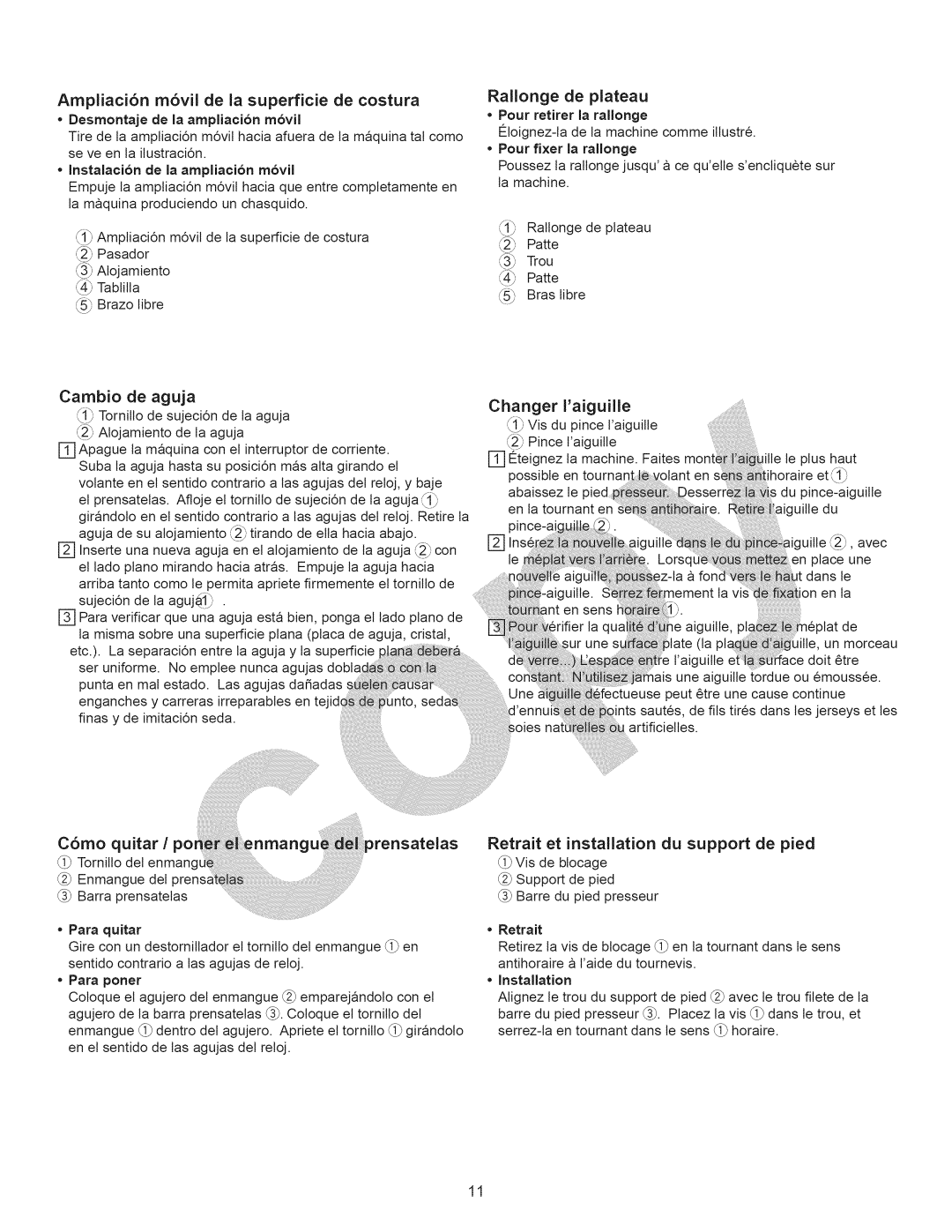 Kenmore 15358 owner manual Ampliaci6n m6vii de la superficie de costura, Rallonge de plateau, Cambio de aguja 