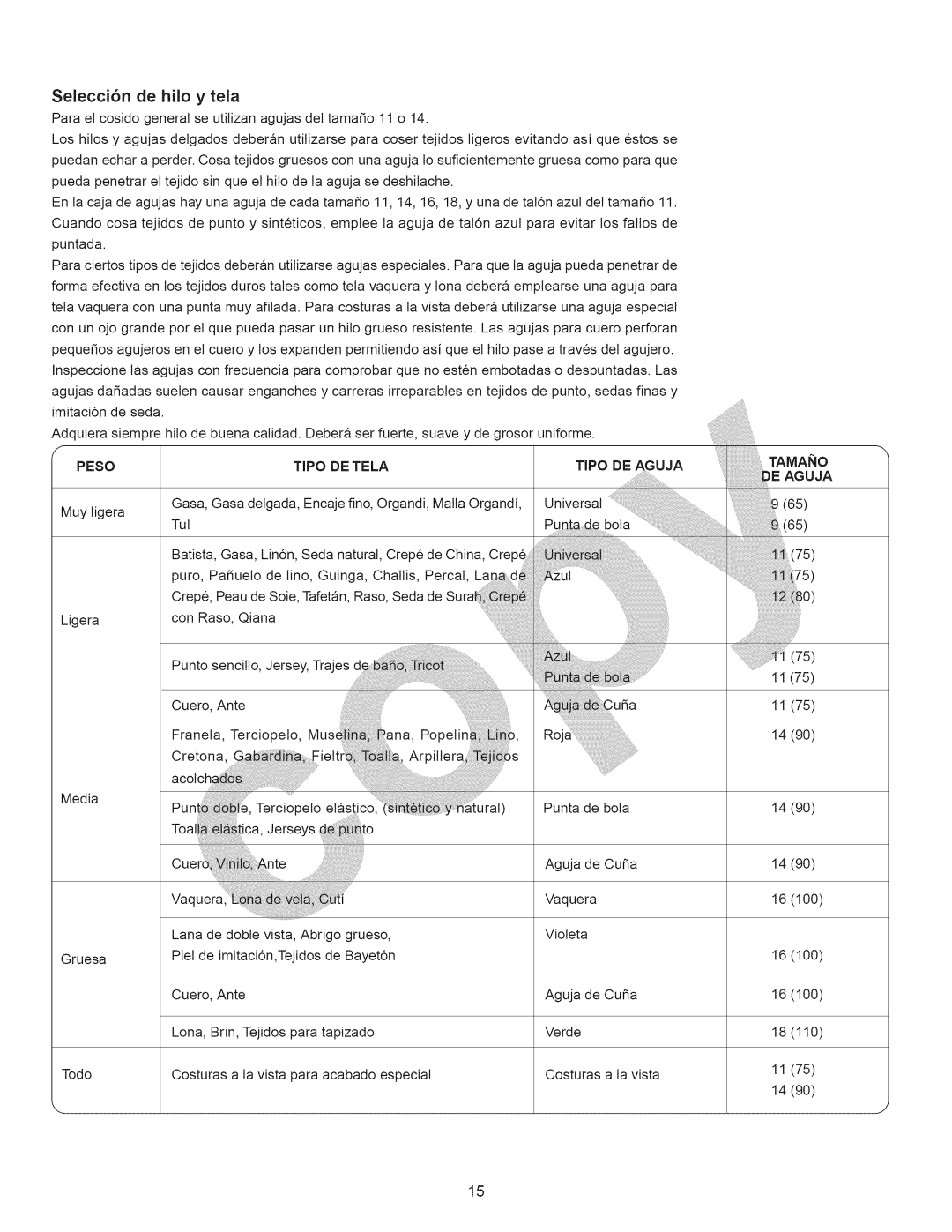 Kenmore 15358 owner manual Selecci6n de hiio y tela, Peso 