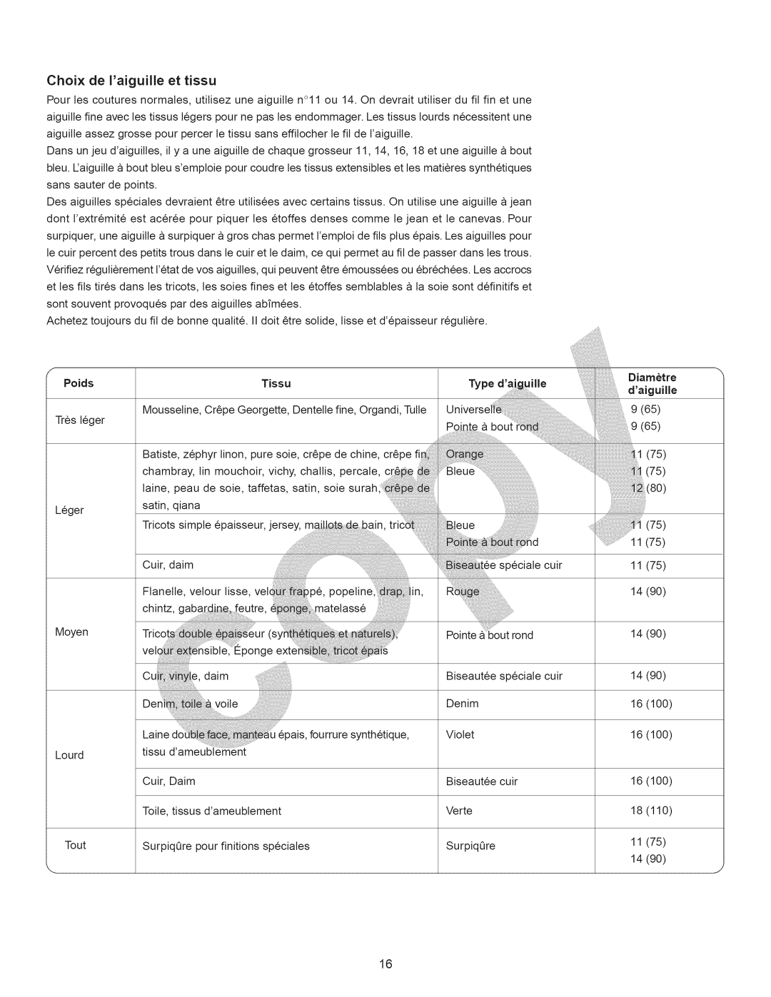 Kenmore 15358 owner manual Choix de iaiguille et tissu, Diametre Poids, Tissu, Type daJgui e Daiguille 