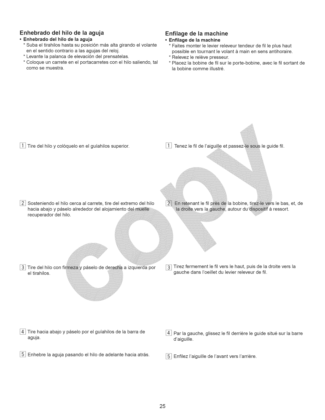 Kenmore 15358 owner manual Enhebrado del hilo de la aguja, Enfilage de la machine 