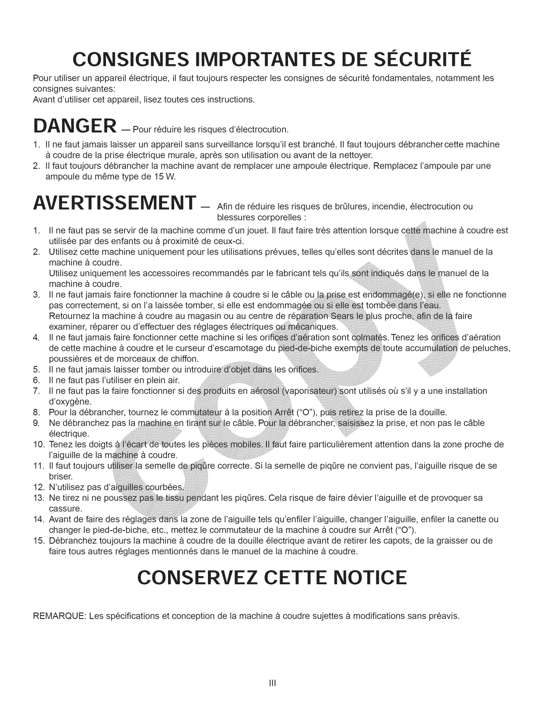 Kenmore 15358 owner manual Consignes Importantes DE Securite, Acoudre II faut toujours La semelle De #i re correcte 