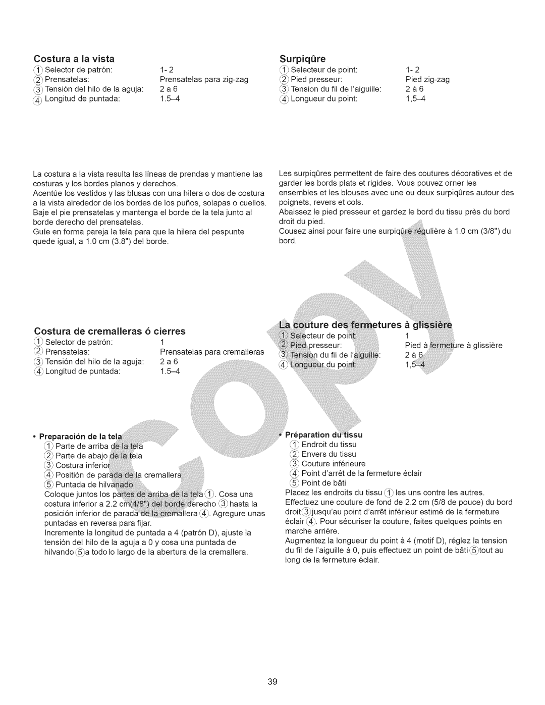 Kenmore 15358 Costura a la vista, SurpiqQre, Costura Cremalleras Cierres, Preparaci6n de la tela, Preparation di ssu 