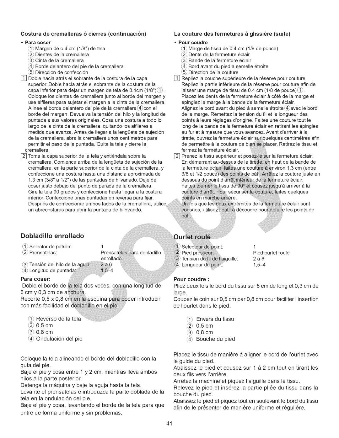 Kenmore 15358 owner manual Dobladillo enrollado, 3Tensi6ndel hito de la ac 4Longitud de t, Envers du tissu 