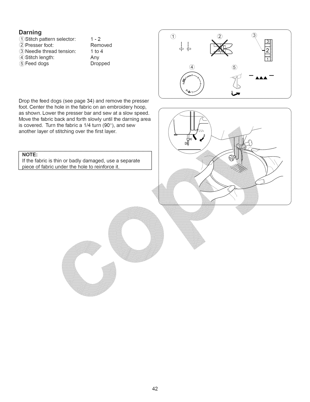 Kenmore 15358 owner manual Darning 