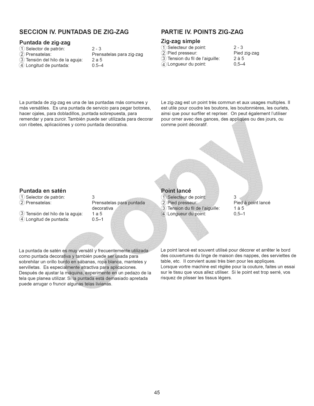 Kenmore 15358 owner manual Puntada de zig-zag, Zig-zag, Simple, Puntada en satn 