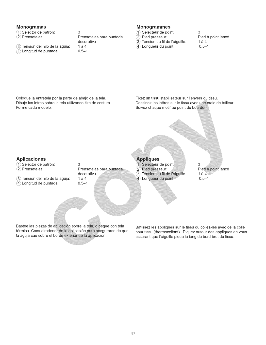 Kenmore 15358 owner manual Monogramas, Monograrnmes, Aplicaciones 