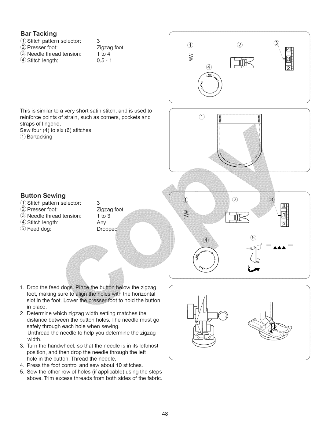 Kenmore 15358 owner manual Bar Tacking, Button Sewing 