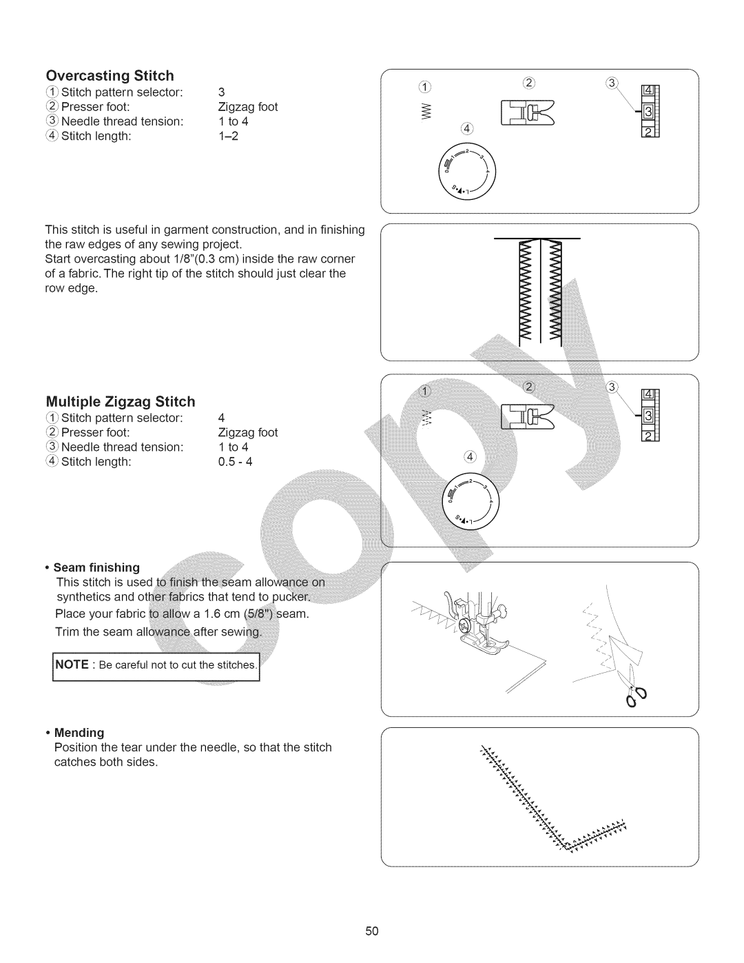 Kenmore 15358 owner manual Overcasting Stitch, Multiple Zigzag Stitch, Be careful not to cut the stitches.I, Mending 