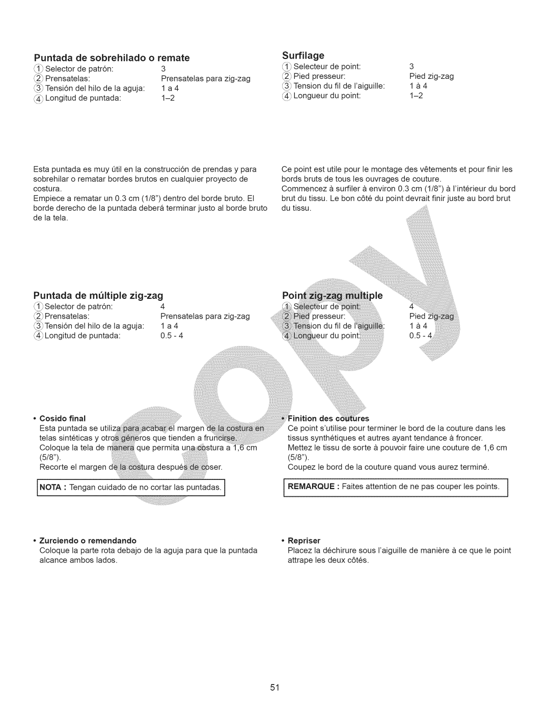 Kenmore 15358 owner manual Surfilage, De mQItiple zig-zag, Poir, Puntada, Finitiondes res 