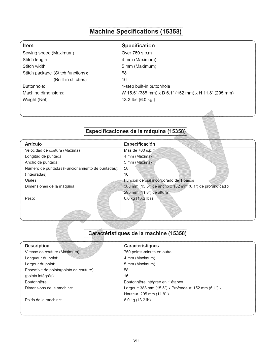 Kenmore 15358 owner manual Specification, Especificaciones de la mquina, C6ristiques, De la machine 