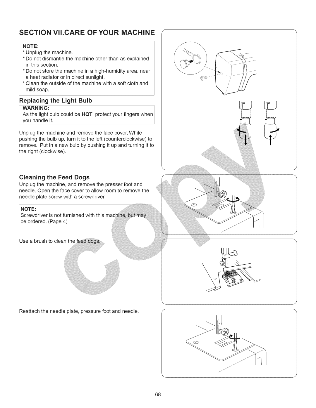 Kenmore 15358 owner manual Replacing the Light Bulb, Cleaning the Feed Dogs 