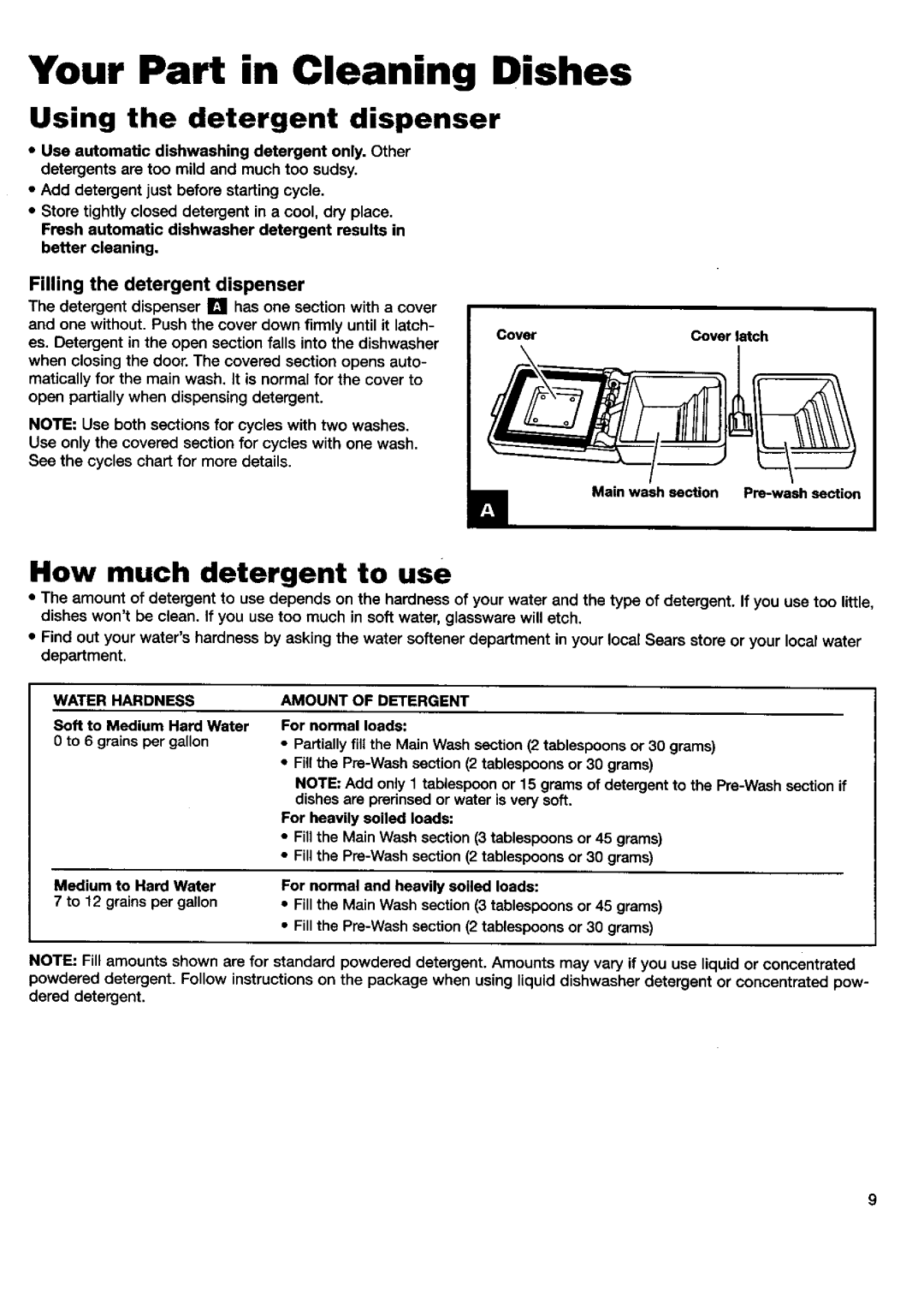 Kenmore 15592, 15595 manual Your Part in Cleaning Dishes, Using the detergent dispenser, How much detergent to use 