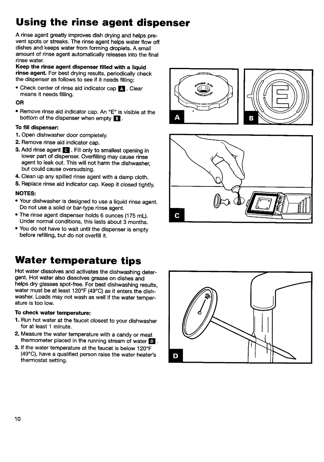 Kenmore 15595, 15592 manual Using the rinse agent dispenser, Water temperature tips, To fill dispenser 