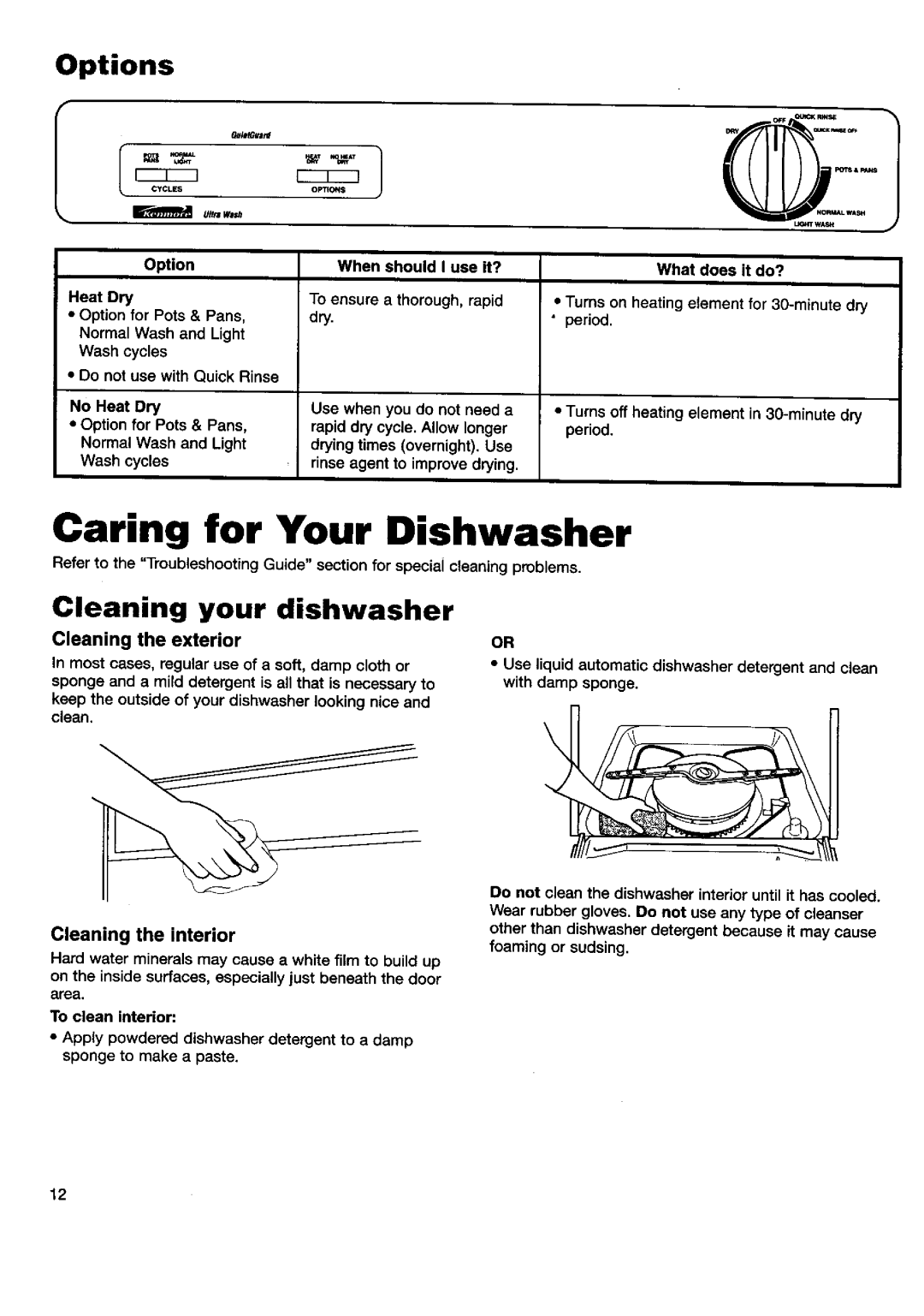 Kenmore 15595 manual Caring for Your Dishwasher, Options, Cleaning your dishwasher, Cleaning the interior, What does it do? 