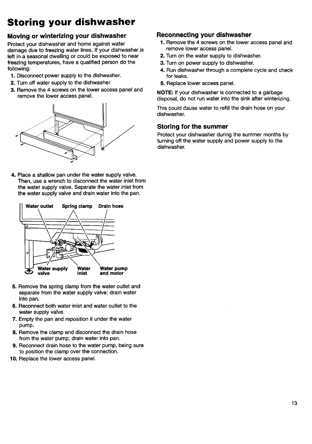 Kenmore 15592, 15595 manual Storing your dishwasher, Moving or winterizing your dishwasher, Reconnecting your dishwasher 