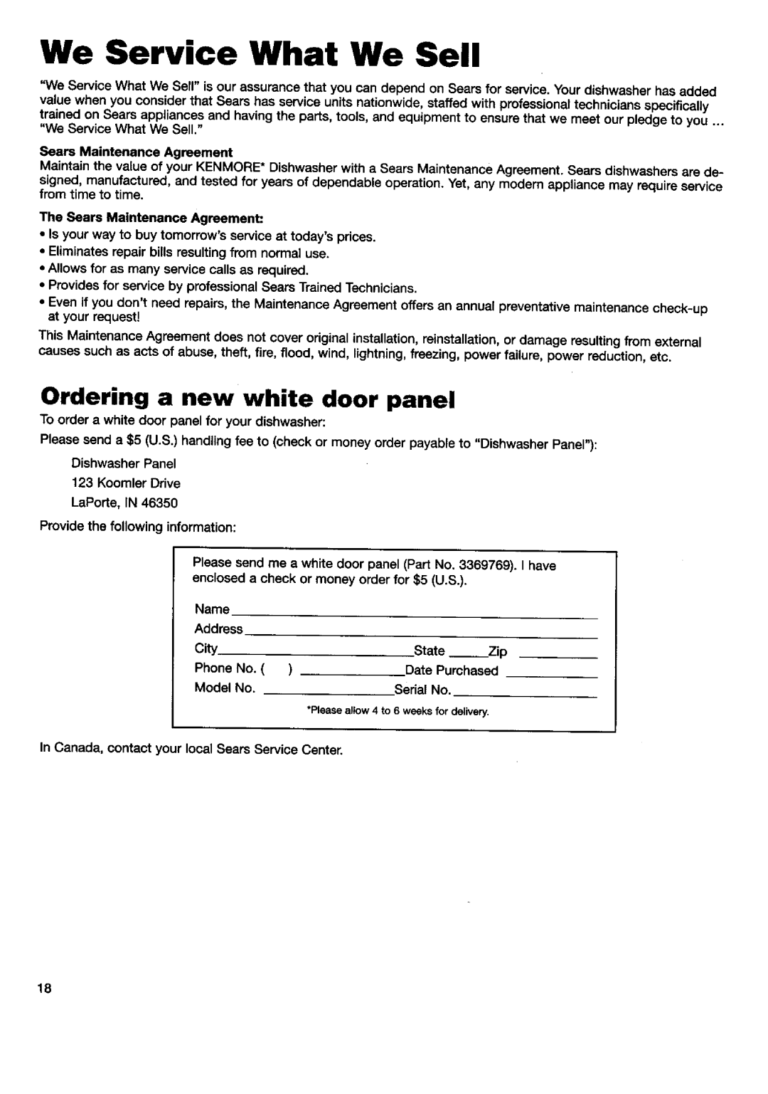 Kenmore 15595 We Service What We Sell, Ordering a new white door panel, To order a white door panel for your dishwasher 