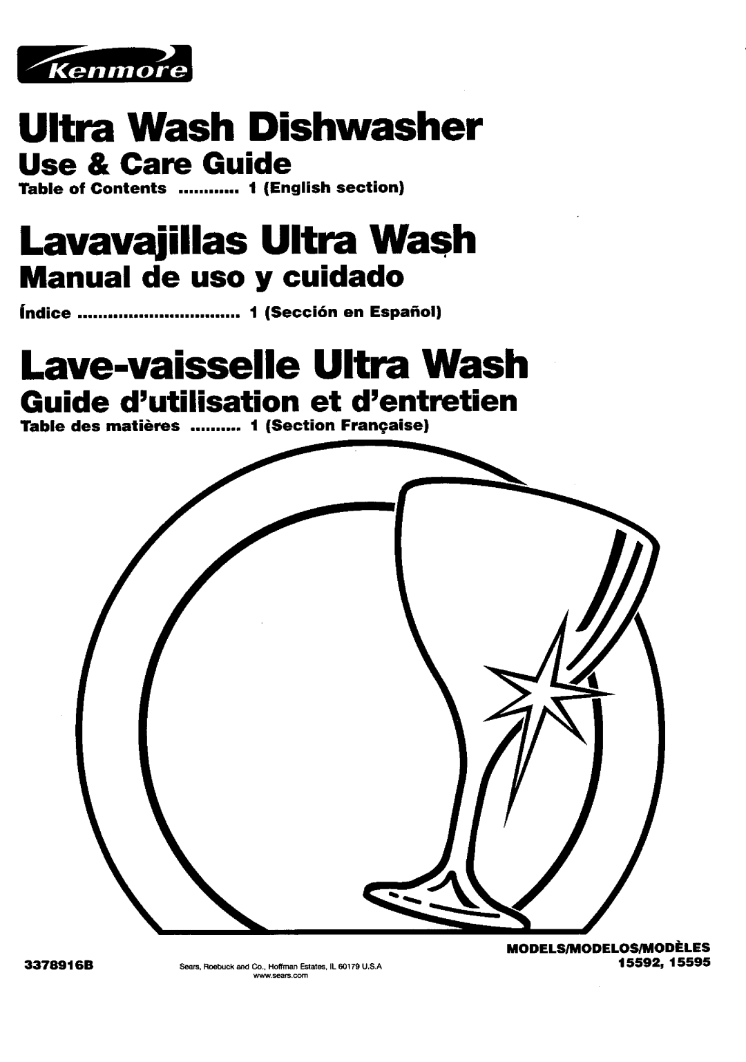 Kenmore 15595 manual Ultra Wash Dishwasher, Lavavajillas Ultra Wash, Lave-vaisselleUltra Wash, Use & Care Guide, English 