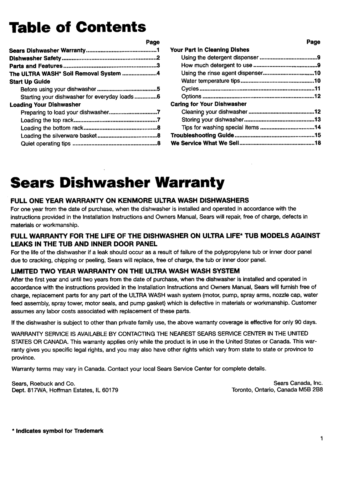 Kenmore 15592, 15595 manual of Contents, Sears Dishwasher Warranty 