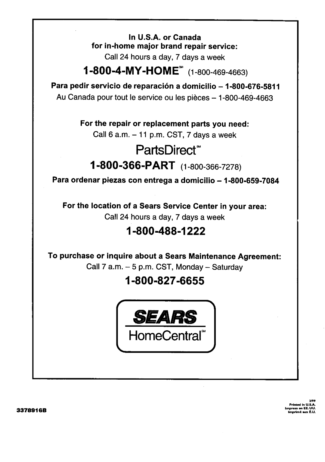 Kenmore 15592, 15595 PartsDirect, For the repair or replacement parts you need, Call 6 a.m. - 11 p.m. CST, 7 days a week 