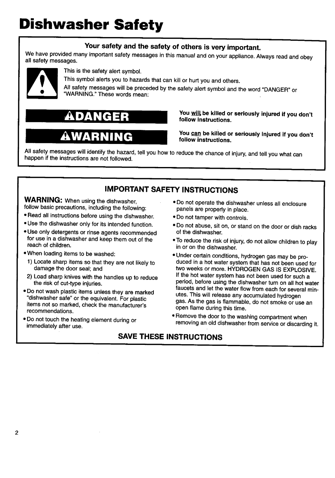 Kenmore 15595, 15592 manual Dishwasher Safety, Important Safety Instructions, Save These Instructions 