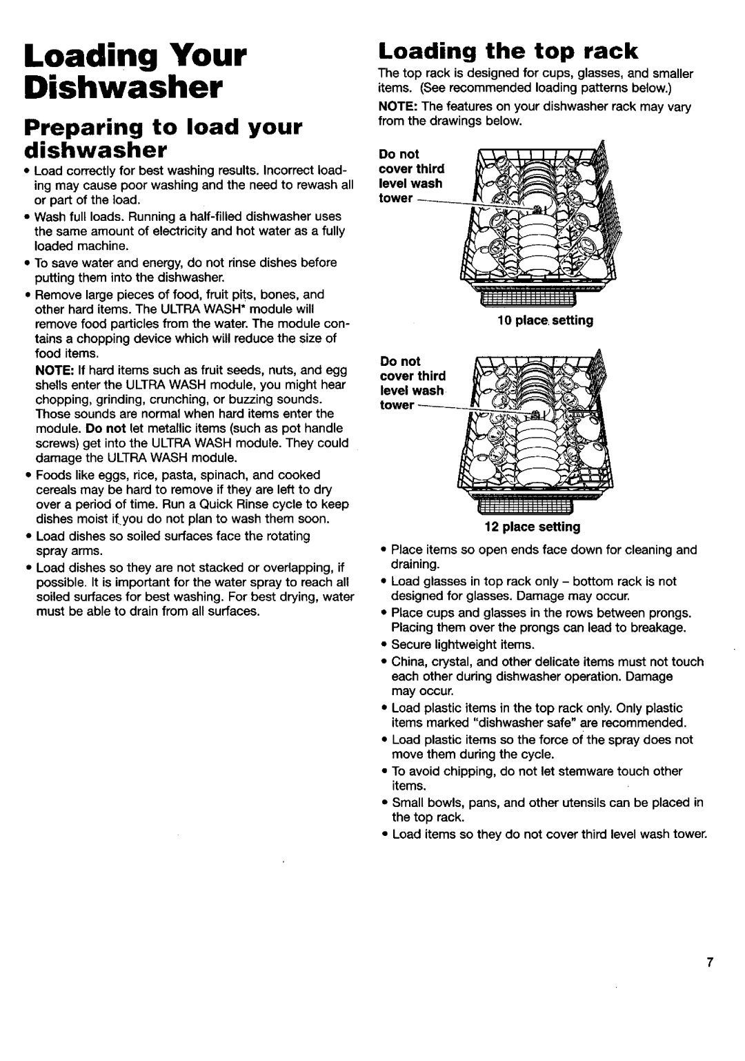 Kenmore 15592, 15595 manual Loading Your Dishwasher, Preparing to load your dishwasher, Loading the top rack 