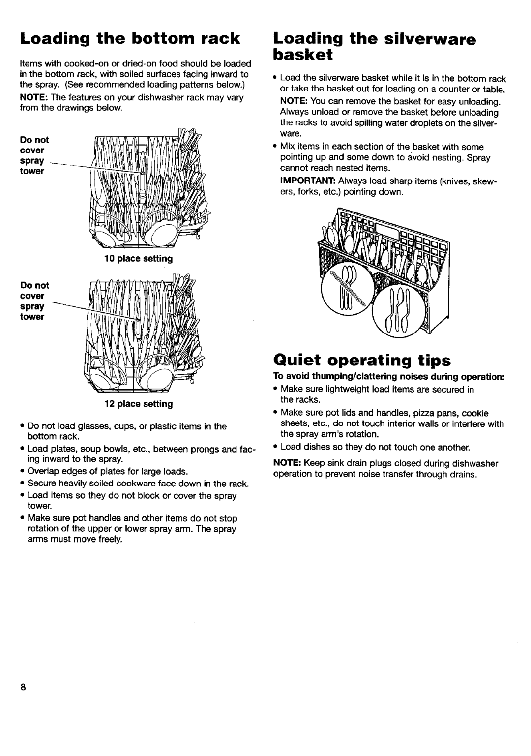 Kenmore 15595, 15592 manual Quiet operating tips, Loading the bottom rack, Loading the silverware basket 