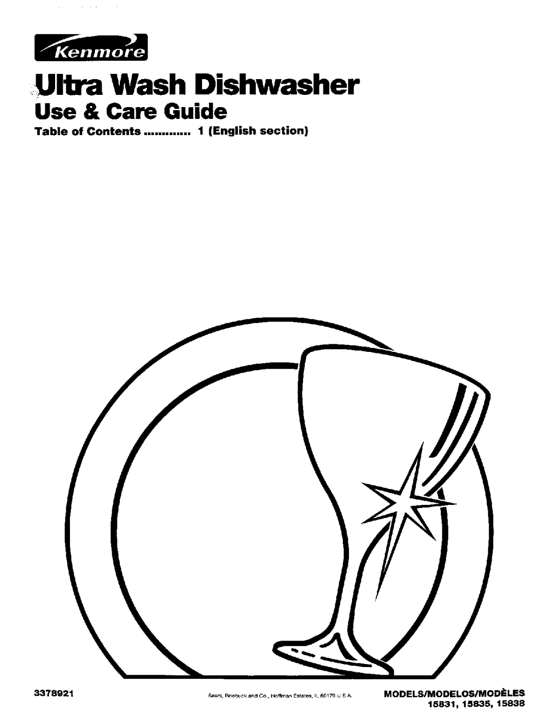 Kenmore 15831, 15835, 15838 manual Ultra Wash Dishwasher, Table of Contents English Section 