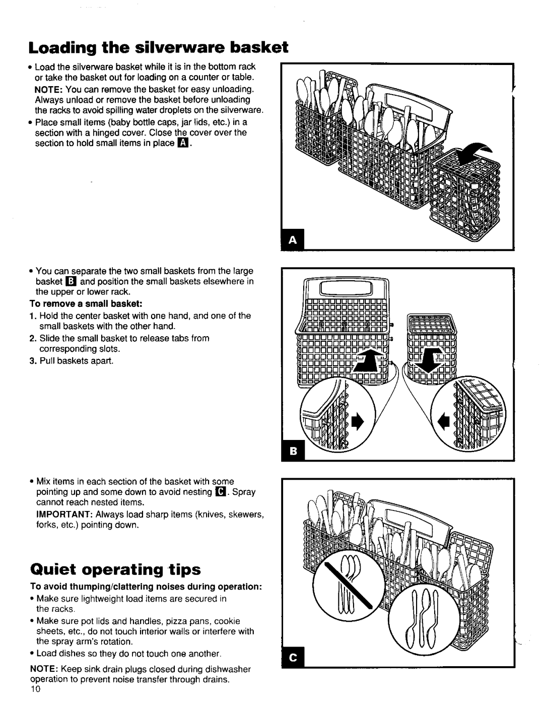 Kenmore 15838, 15835, 15831 manual Loading the silverware basket, To remove a small basket 