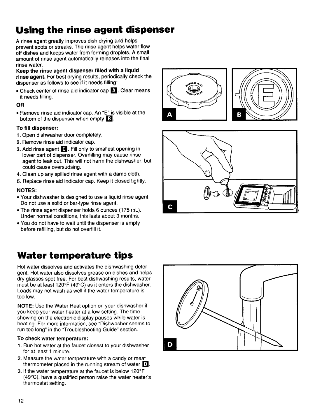 Kenmore 15831 manual Using the rinse agent dispenser, Water temperature tips, To fill dispenser, To check water Temperature 