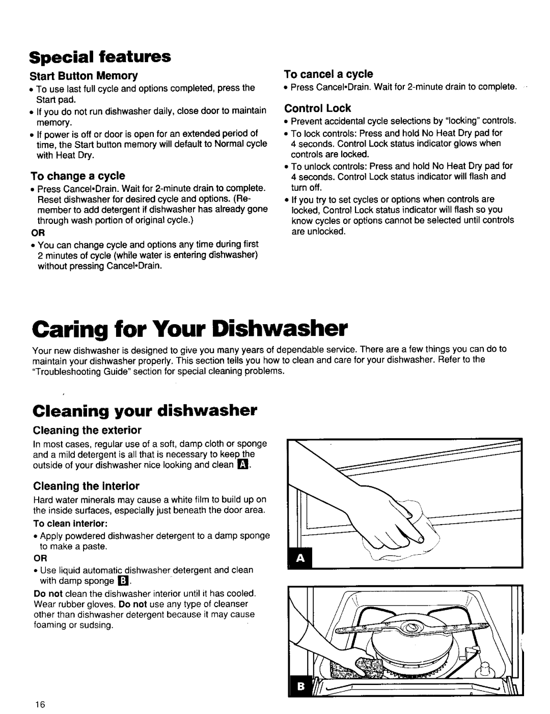 Kenmore 15838, 15835, 15831 manual Caring for Your Dishwasher, Special features, Start Button Memory, Control Lock 