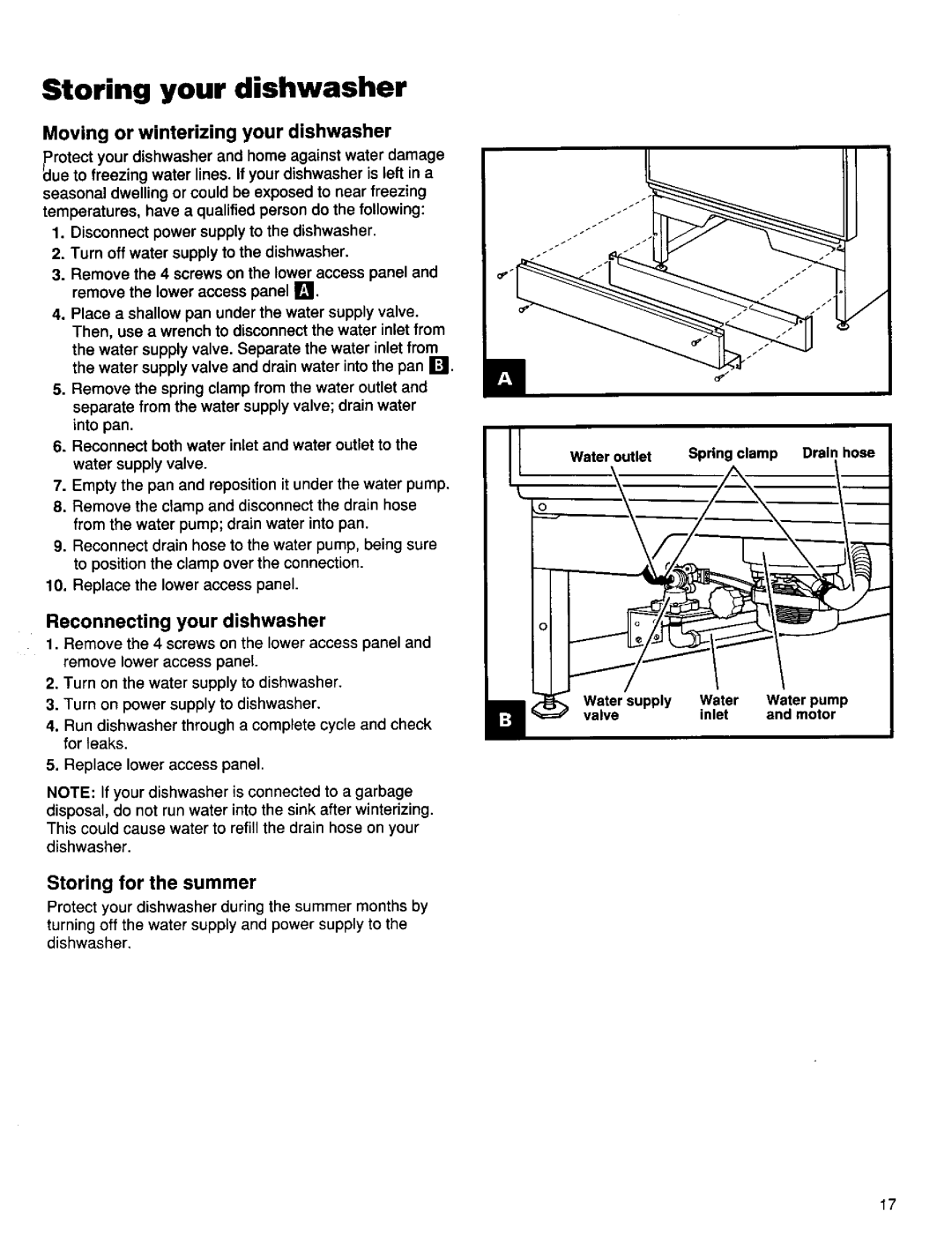 Kenmore 15835, 15831, 15838 manual Storing your dishwasher, Moving or winterizing your dishwasher 