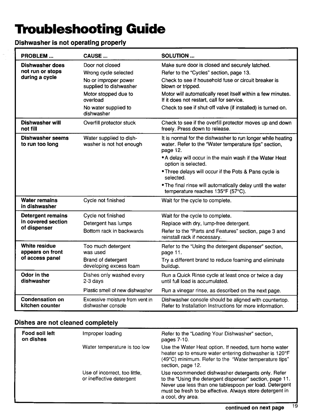 Kenmore 15838 Troubleshooting Guide, Dishwasher is not operating properly, Dishes are not cleaned completely, On next 